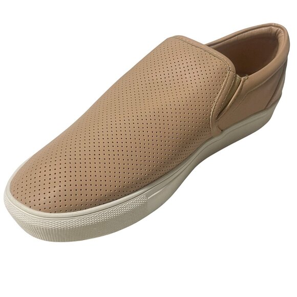 Women’s Perforated Faux Leather Sneakers Beige Upper White Sole Casual Comfort - Picture 5 of 7